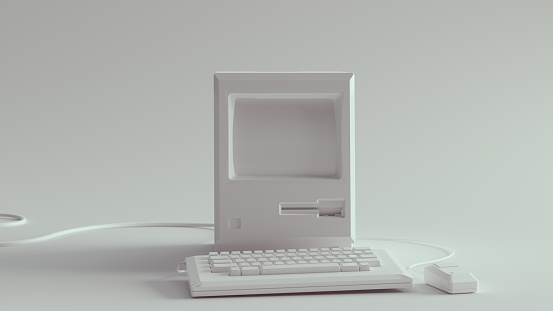 Vintage Computer and Keyboard and Mouse Pure White 3d illustration render