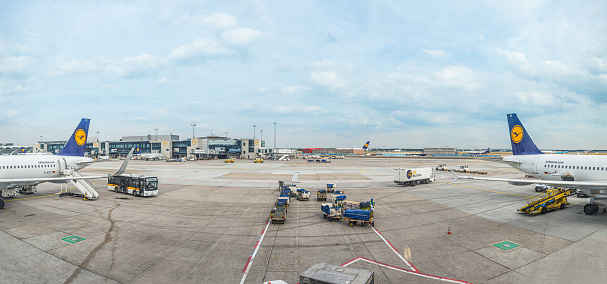 Frankfurt, Germany - June 18, 2015: aircrafts  at the Airport  in Frankfurt, Germany. In 2012, Frankfurt handled 57.5 million passengers.