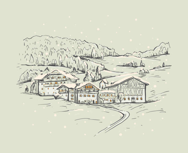 zimowy krajobraz wiejski. szkic ręcznie rysowane ilustracji wektorowej z domów wsi na górze i śniegu. ręcznie rysowana ilustracja w kolorach szarych - winter snow landscape house stock illustrations