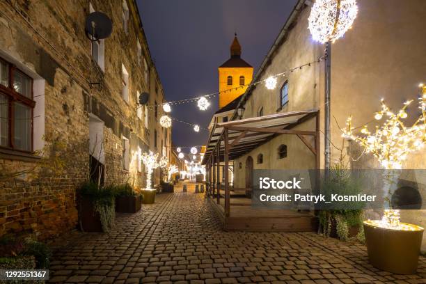 Beautiful Christmas Decorations On The Street Of Grudziadz At Night Stock Photo - Download Image Now