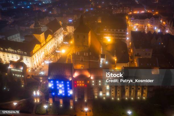 Aerial Scenery Of Grudziadz Old Town With Christmas Decorations At Night Stock Photo - Download Image Now