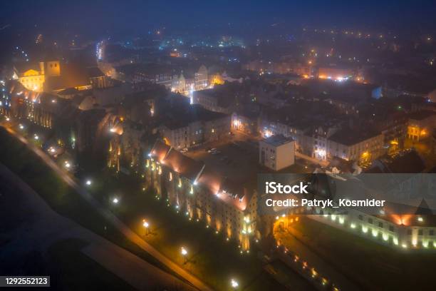 Aerial Scenery Of Grudziadz Old Town With Christmas Decorations At Night Stock Photo - Download Image Now