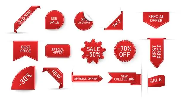 Vector illustration of Set of red price tags with discounts isolated on white background. Red signs for product designation. Big discounts for winter holidays. Vector illustration