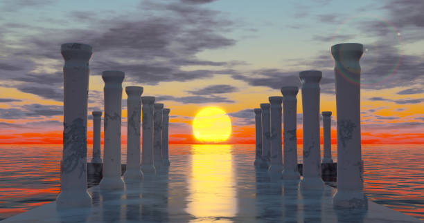 istock 3d rendering. Round and avenue of marble stone and old dilapidated columns, illuminated by sunlight at sunset, is located on the water surface of the ocean with clouds. Graphic illustration 1292552416