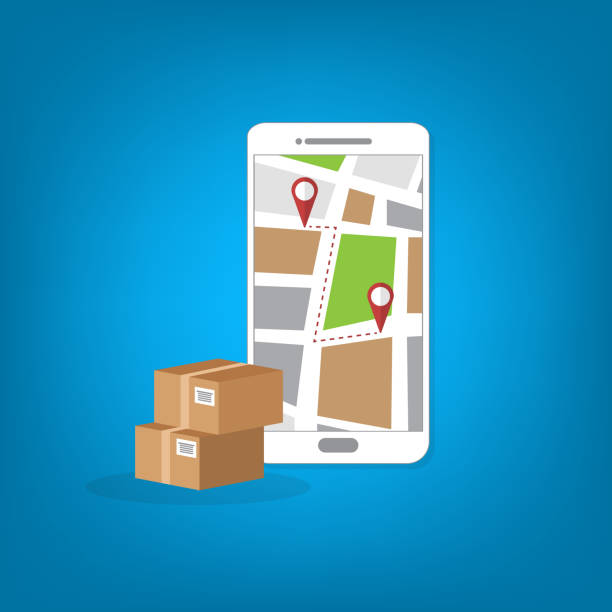 istock Package delivery tracking on cellphone or mobile phone. Smartphone telephone with city map on screen and pin pointers destination location with packaging boxes, shipping logistic. 1292552417
