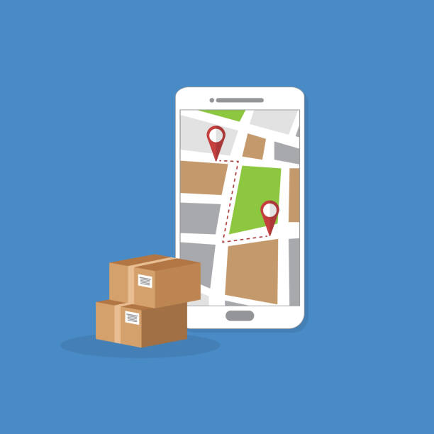 istock Package delivery tracking on cellphone or mobile phone. Smartphone telephone with city map on screen and pin pointers destination location with packaging boxes, shipping logistic. 1292552424
