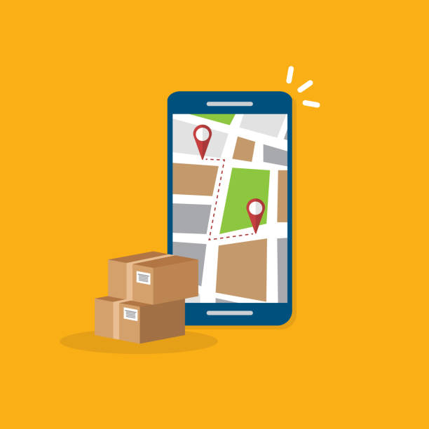 istock Package delivery tracking on cellphone or mobile phone. Smartphone telephone with city map on screen and pin pointers destination location with packaging boxes, shipping logistic. 1292552437