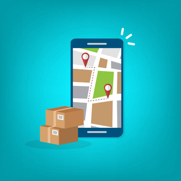istock Package delivery tracking on cellphone or mobile phone. Smartphone telephone with city map on screen and pin pointers destination location with packaging boxes, shipping logistic. 1292552443