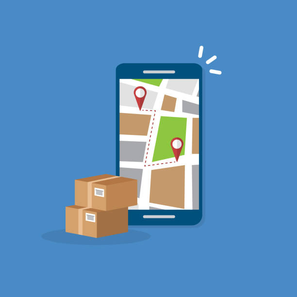 istock Package delivery tracking on cellphone or mobile phone. Smartphone telephone with city map on screen and pin pointers destination location with packaging boxes, shipping logistic. 1292552452