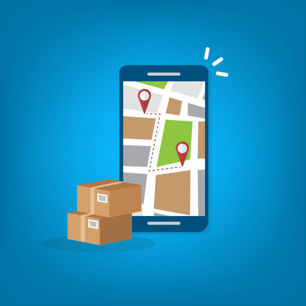 istock Package delivery tracking on cellphone or mobile phone. Smartphone telephone with city map on screen and pin pointers destination location with packaging boxes, shipping logistic. 1292552460