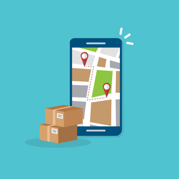 istock Package delivery tracking on cellphone or mobile phone. Smartphone telephone with city map on screen and pin pointers destination location with packaging boxes, shipping logistic. 1292552469