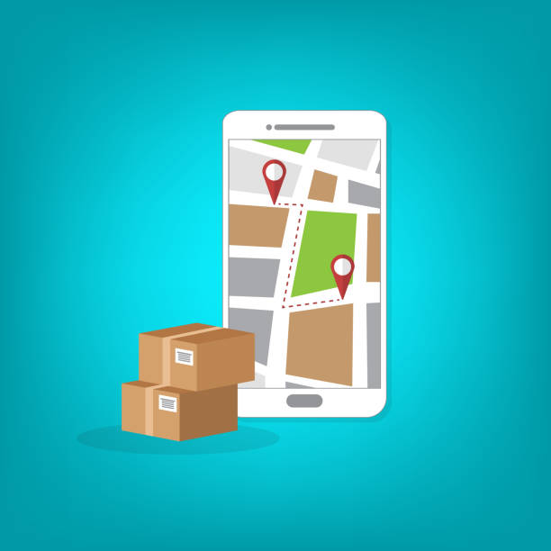 istock Package delivery tracking on cellphone or mobile phone. Smartphone telephone with city map on screen and pin pointers destination location with packaging boxes, shipping logistic. 1292552474