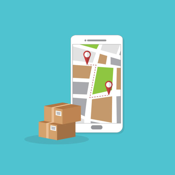 istock Package delivery tracking on cellphone or mobile phone. Smartphone telephone with city map on screen and pin pointers destination location with packaging boxes, shipping logistic. 1292552490