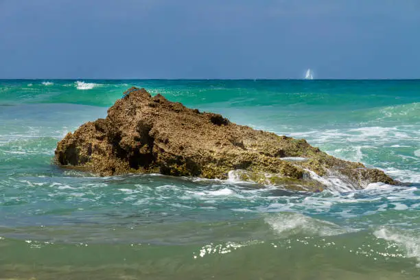 Large stones-rocks on the Givat Olga beach in Hadera. Israel.