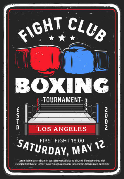 Boxing fighting club tournament vector retro flyer Fighting club event retro poster. Boxing tournament, martial arts fighters competition vintage promotion flyer or invitation leaflet design template. Boxing ring and fighters gloves vector boxing stock illustrations