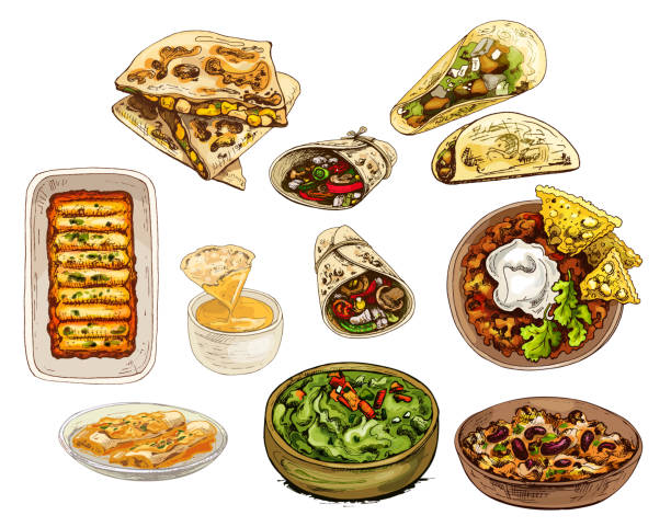 mexikanische traditionelle speisen mit textnachricht, burrito, tacos, chili, tomate, nachos. - guacamole bowl mexican culture drawing stock-grafiken, -clipart, -cartoons und -symbole