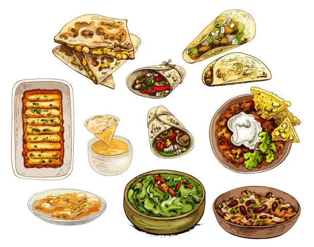 Vector illustration of Mexican traditional food set with text message, burrito, tacos, chili, tomato, nachos.