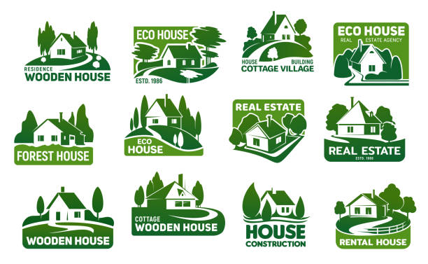 Wooden eco houses, real estate buildings icons Wooden eco houses, real estate buildings vector icons. Cottage symbols with green trees and lawn, garden, path or driveway and fence. Eco design, landscaping service and real estate company emblems Driveway stock illustrations