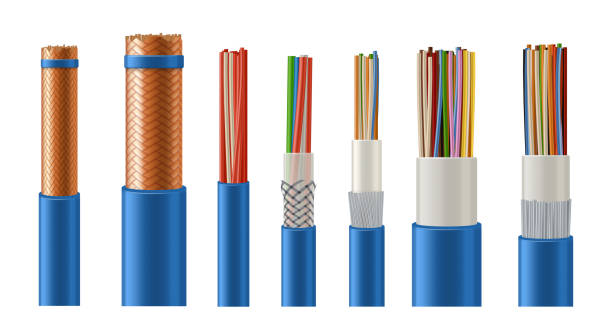 Electric and data cables with copper conductor Electric and data stranded cables with copper conductor, metal and plastic insulation 3d realistic vector. Shielded or screened electrical wires, ethernet or fiber optic cables with conductive layer stranded stock illustrations