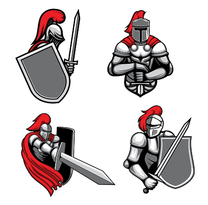 Medieval knights with sword and shield mascots. Knight in heavy armor, wearing red cape, barbute and tournament helmet with ponytail. Medieval warrior holding shield and swinging sword cartoon vector