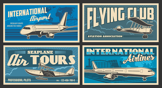 Plane and airport retro banners of vector air travel, flying club and passenger transportation. Airplanes, airline terminal, runway and traffic control towers, vintage seaplane and world map