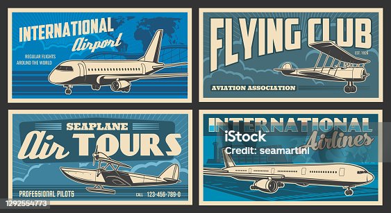istock Plane and airport retro banners of air travel 1292554773