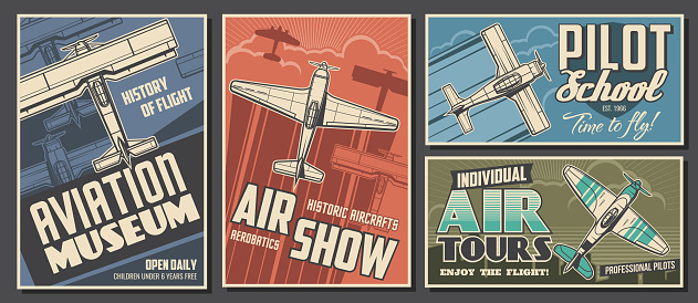 Aviation museum, flight school and air tour retro banners. Airplanes history exhibition, air show and pilot academy, airline travel posters. Antique biplane and monoplane flying in sky sketch vector