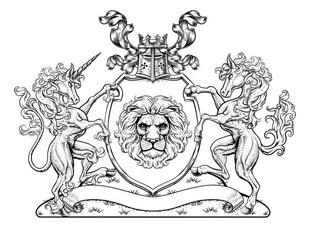 Crest Horse Unicorn Coat of Arms Lion Shield Seal A crest coat of arms family shield seal featuring unicorn, horse and lion animals crest stock illustrations