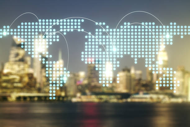 istock Abstract virtual world map with connections on blurry skyline background, international trading concept. Multiexposure 1292556210
