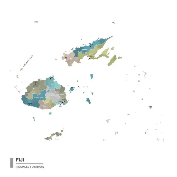 Vector illustration of Fiji higt detailed map with subdivisions. Administrative map of Fiji with districts and cities name, colored by states and administrative districts. Vector illustration.