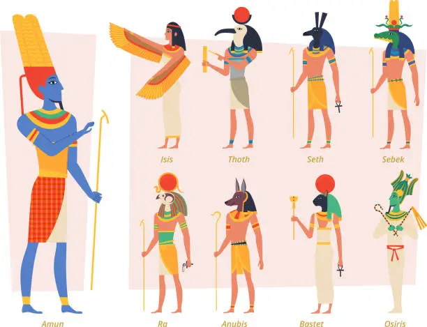 Vector illustration of Ancient egypt gods. Pharaoh anubis osiris egyptian people vector authentic exact characters