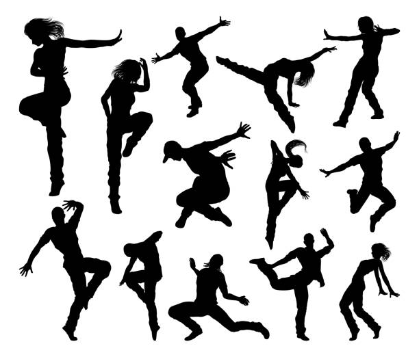 Street Dance Dancer Silhouettes A set of men and women street dance hip hop dancers in silhouette dancer stock illustrations