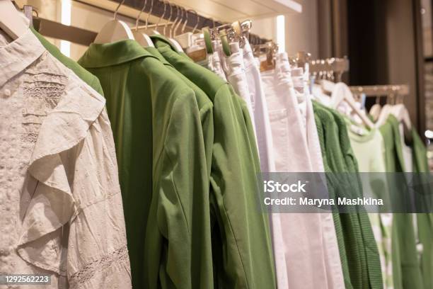 Women Clothing Collection On Hangers In The Store The Concept Of Conscious Consumption And Recycling Of Things Stock Photo - Download Image Now