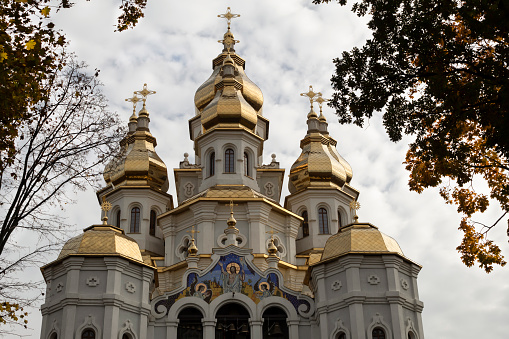 A beautiful Christian church with many gilded domes among the autumn trees.