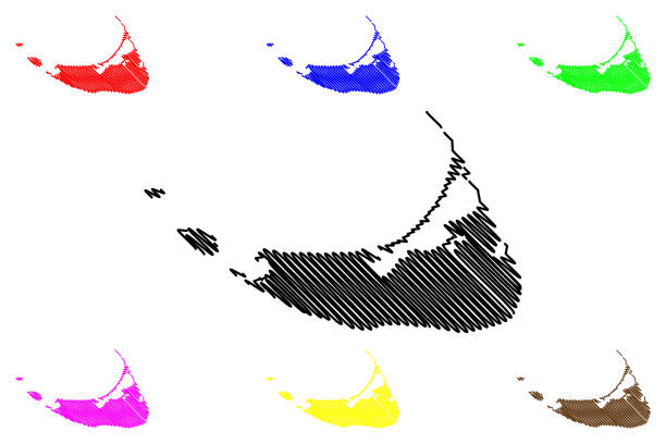 낸터킷 타운 앤 카운티, 매사추세츠 연방 (미국 카운티, 미국, 미국) 지도 벡터 일러스트레��이션, 낙서 스케치 낸터킷, 터커너크 섬지도 - massachusetts map cartography nantucket stock illustrations