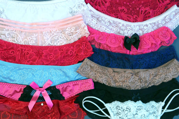 Women's lace panties set collection close-up, top view. stock photo