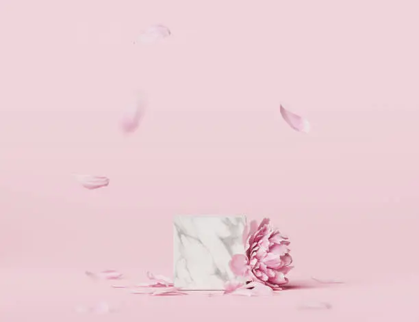 Photo of 3D display podium pastel pink flower  background. Peony blossom. Nature minimal marble, stone pedestal with falling petals. Beauty, cosmetic product presentation. Valentine, template 3d render