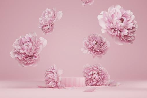 Pantalla 3D podio fondo de flores rosa rosa pastel. Flor de peonía cayendo. Pedestal mínimo de naturaleza para belleza, presentación de productos cosméticos. Valentine, plantilla de espacio de copia femenina 3d render photo