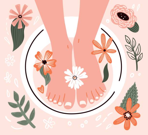 stockillustraties, clipart, cartoons en iconen met het voetmasker van het beeldverhaal met natuurlijke bloemenelementen. schoonheidssalon en voetbad - woman foot
