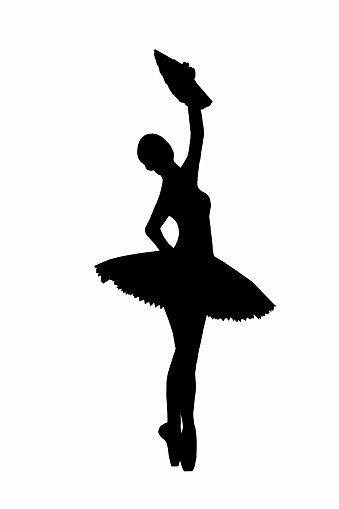 black silhouette of a ballerina in full growth on an isolated white background with a fan in hand