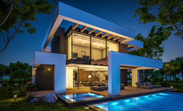 istock 3d rendering of modern house in luxurious style in night 1292569621