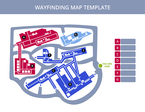 Vector editable wayfinding map or floor plan in gray, red, and blue color in hospital or medical style with white buildings, paths, and roads isolated on a white background. Suitable as a map of campus, hospital, clinic, office, production hall, medical center, festival, shopping mall, workplace, event, and more. You are here, where am I icon.