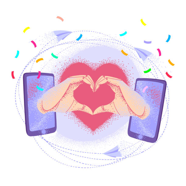 istock Online congratulations, holiday meeting, virtual hugs. Vector with phones, arms and heart, confetti. Social media connection. Social distance. 1292574033