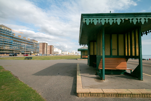Park bench and shelter on Hove Lawns in Brighton & Hove, England