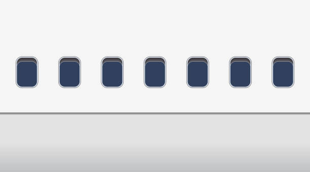 외부 비행기의 창. 비행 비행기의 외관. 항공기 의 창에서 볼 수 있습니다. 여행에 대 한 비행기의 모형. 유리 파란색 창문이있는 흰색 비행기. 승객을 위한 사실적인 현관. 벡터 - airplane porthole stock illustrations