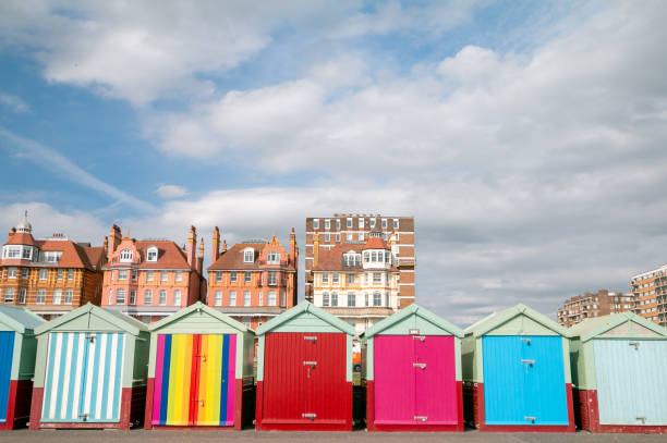 Hove Beach Huts in Brighton & Hove, England. Some of these are hired out for holidays, others are sold and some rented.