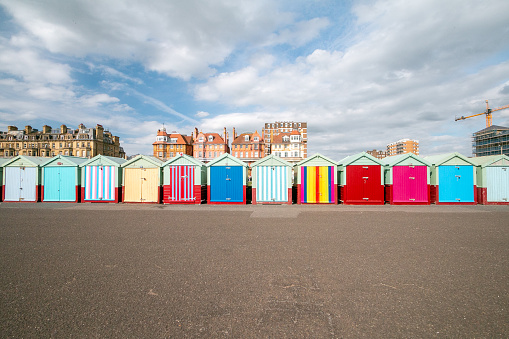 Hove Beach Huts in Brighton & Hove, England. Some of these are hired out for holidays, others are sold and some rented.