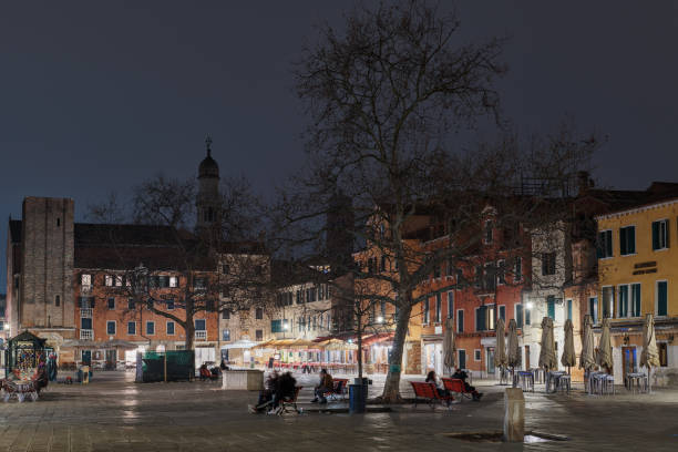 Venice, Italy - February 17, 2020: Night view of the Campo Santa Margherita square,one of the biggest squares in Venice stock photo