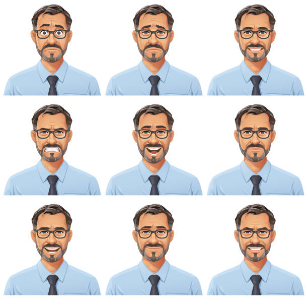 수염과 안경 초상화를 가진 사업가 - 감정 - smiling men human face facial expression stock illustrations