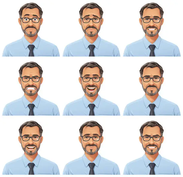 Vector illustration of Businessman With Beard And Glasses Portrait- Emotions